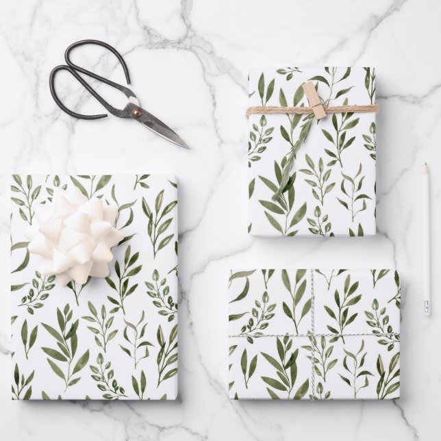 Elegant Greenery Watercolor Leaves  Wrapping Paper Sheets (Front)