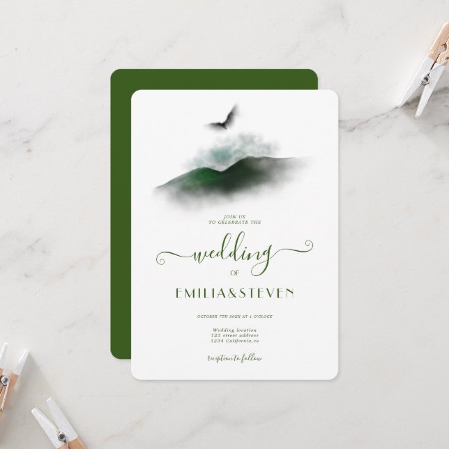 Elegant Greenery Watercolor Mountains Wedding Invitation (Front/Back In Situ)