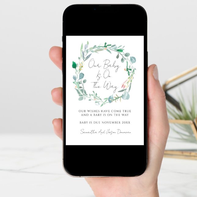 Elegant Greenery Watercolor Pregnancy  Announcement (Front Digital)