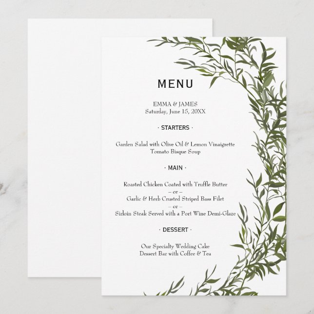 Elegant Greenery Watercolor Wedding Menu (Front/Back)
