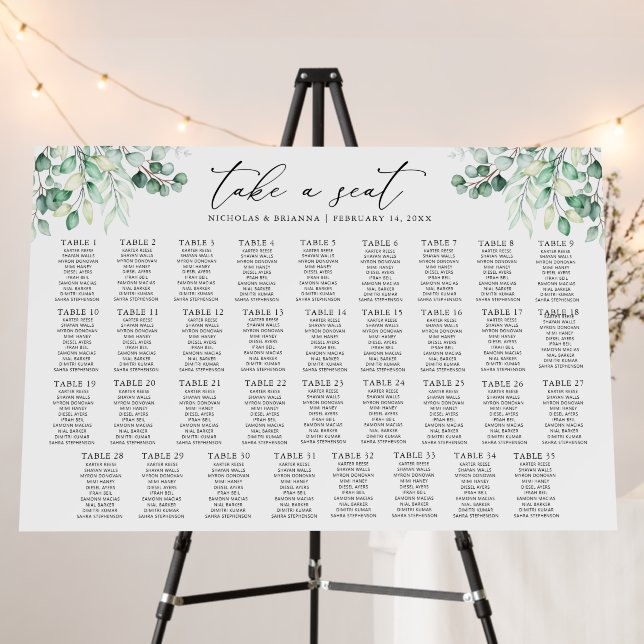 Elegant Greenery Wedding 35 Table Seating Chart Foam Board (In Situ (Stand))
