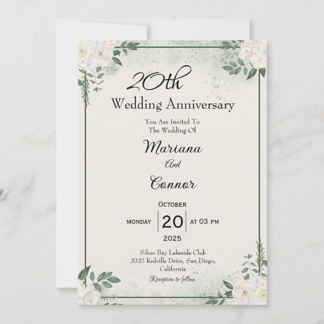 Elegant Greenery Wedding Anniversary Invitations (Front)