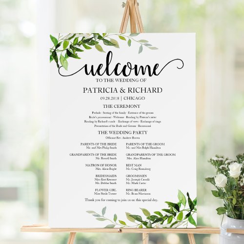 Elegant Greenery Wedding Ceremony Program Foam Board