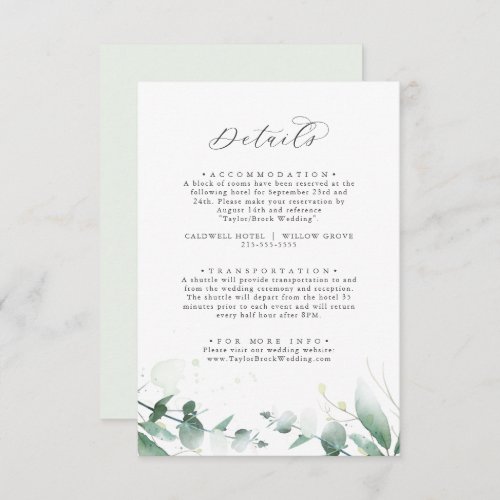 Elegant Greenery Wedding Details Enclosure Card