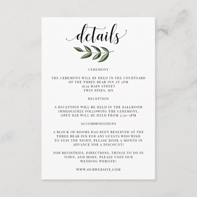 Elegant Greenery Wedding Details Invitation Insert (Front)