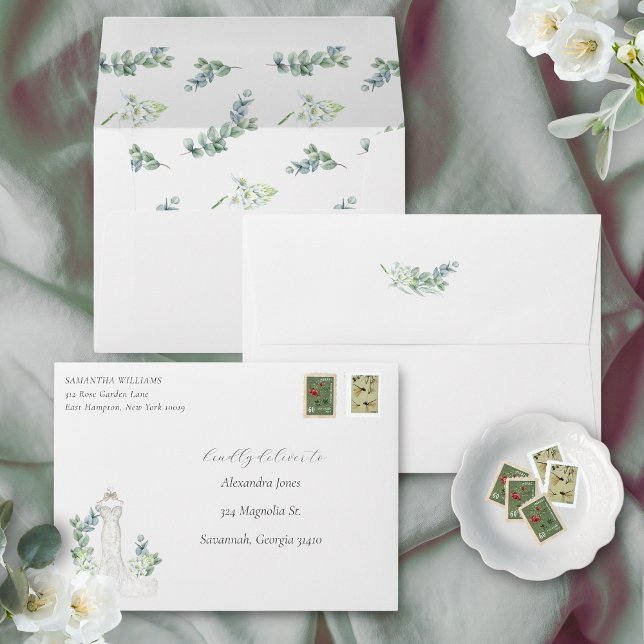 Elegant Greenery Wedding Dress Bridal Shower Envelope (These lovely envelopes coordinate with the invite for picture perfect bridal shower invites)