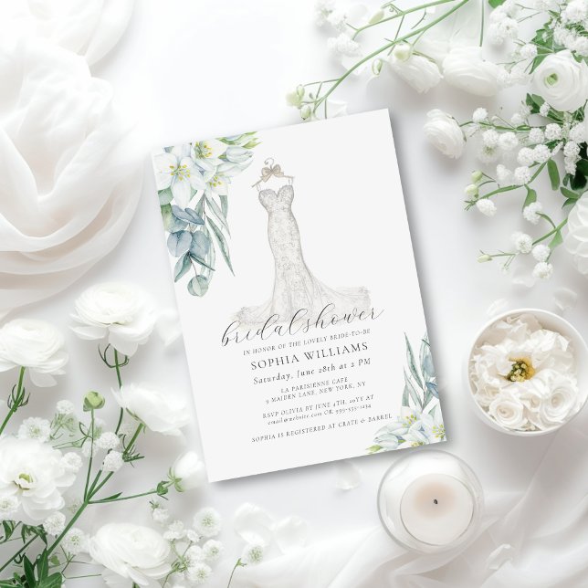 Elegant Greenery Wedding Dress Bridal Shower Invit Invitation (This elegant bridal shower invite features a stunning, hand drawn wedding gown and white florals)
