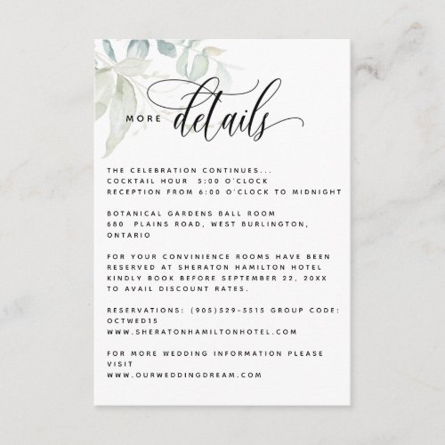 Elegant greenery Wedding Guest Information Details Enclosure Card
