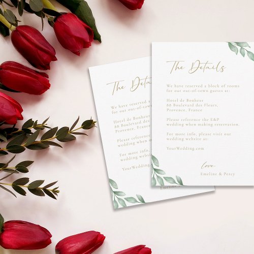Elegant greenery wedding hotel detail enclosure  invitation
