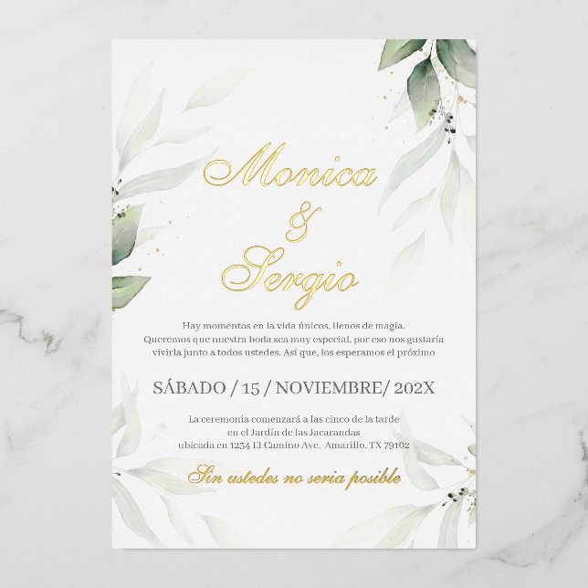 Elegant Greenery Wedding Invitation in Spanish Foil Invitation (Front)