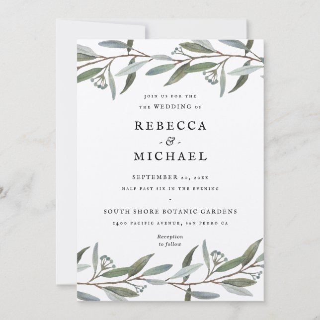 Elegant Greenery Wedding Invitation Upgraded Paper (Front)