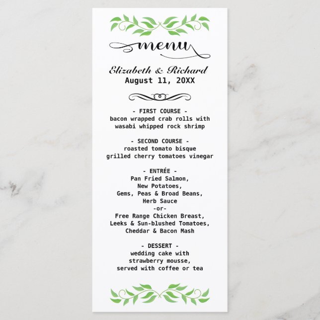 Elegant Greenery Wedding Menu Card - Personalized  (Front)