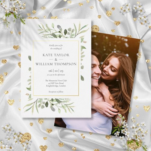 Elegant Greenery Wedding Photo Gold Foil Invitation