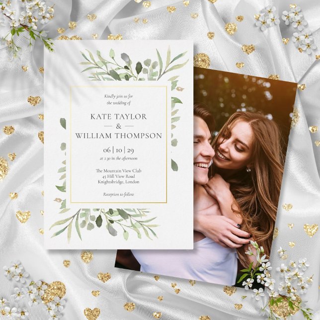 Elegant Greenery Wedding Photo Gold Foil Invitation (Elegant Greenery Wedding Photo Gold Foil Invitation)
