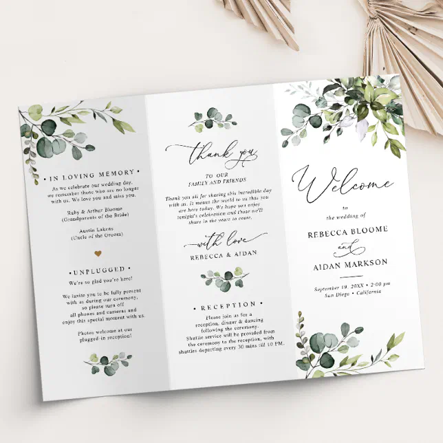 Elegant Greenery Wedding Program Tri-Fold | Zazzle