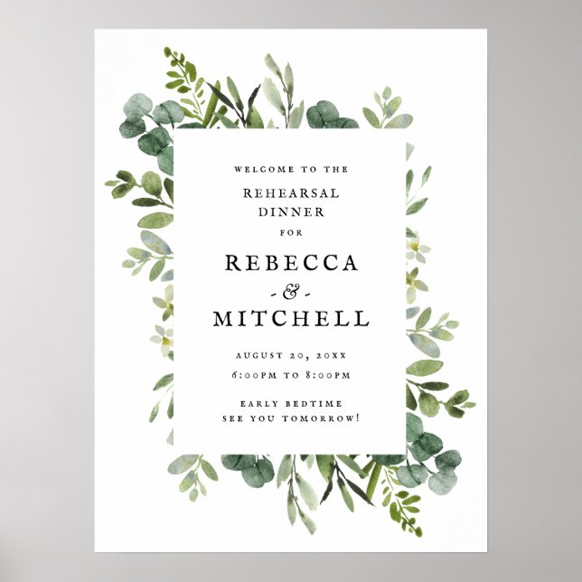 Elegant Greenery Wedding Rehearsal Dinner Poster (Front)