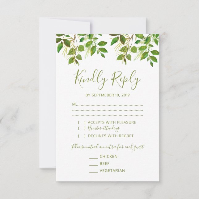 Elegant Greenery Wedding RSVP 3 Entree (Front)