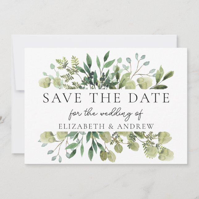 Elegant Greenery Wedding Save The Date Flat Card (Front)