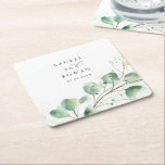 Elegant Greenery Wedding Square Paper Coaster<br><div class="desc">This elegant greenery wedding favor square paper coaster is perfect for a simple wedding. The modern elegant design features a natural botanical arrangement of eucalyptus, leaves and plants with a subtle mint green watercolor wash accent. Personalize the label with the names of the bride and groom and the wedding date....</div>