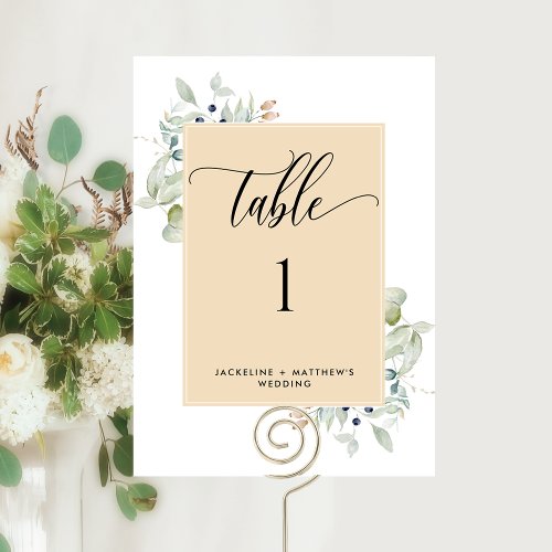 Elegant Greenery Wedding Table Number Beige Tan