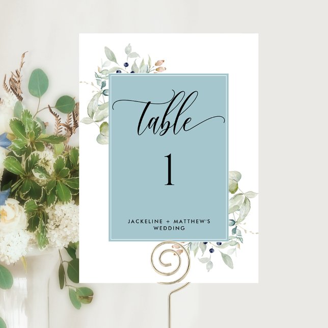 Elegant Greenery Wedding Table Number, Mist Blue (Creator Uploaded)