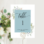 Elegant Greenery Wedding Table Number, Mist Blue Cards<br><div class="desc">Help your guests find their table with this elegant greenery table number card. Matching seating plan cards available. Frame in mist blue with delicate greenery watercolor details showcasing your table number personalized with name(s) and event. Double sided cards so guests can look from both, front or back. Clear space all...</div>