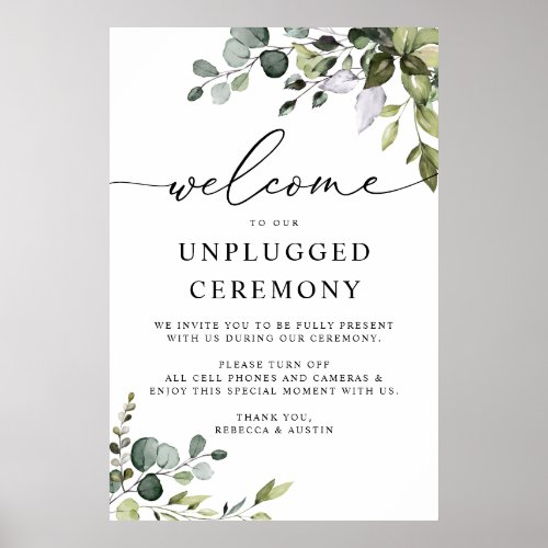 Elegant Greenery Wedding Unplugged Ceremony Poster
