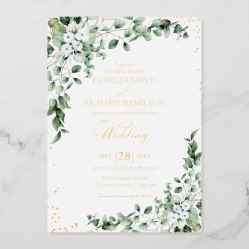 Elegant Greenery Wedding Watercolor Foil Invitation