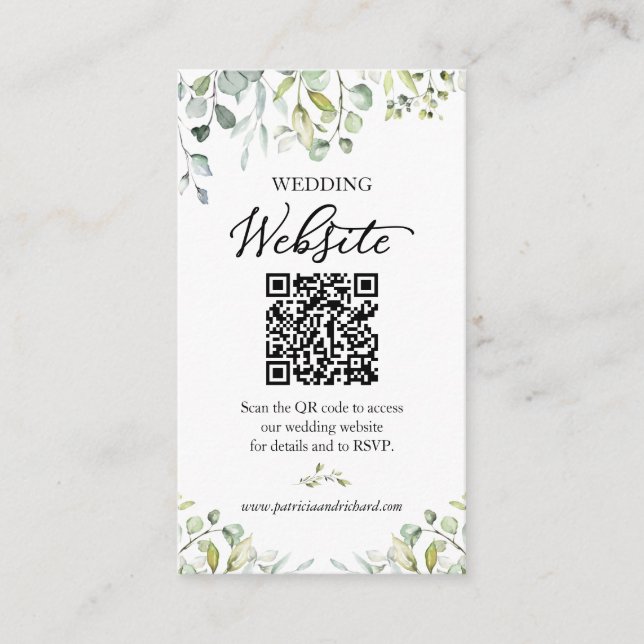 Elegant Greenery Wedding Website QR Code Enclosure Card (Front)