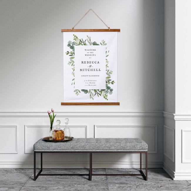 Elegant Greenery Wedding Welcome Sign Hanging Tapestry