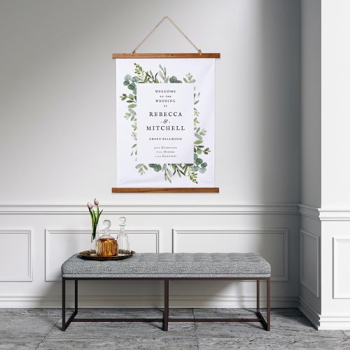 Elegant Greenery Wedding Welcome Sign Hanging Tapestry