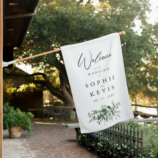 Elegant Greenery Wedding Welcome Sign House Flag (In SItu)
