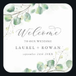 Elegant Greenery Wedding Welcome Square Sticker<br><div class="desc">These elegant greenery wedding welcome stickers are perfect for a simple wedding. The modern elegant design features a natural botanical arrangement of eucalyptus, leaves and plants with a subtle mint green watercolor wash accent. Personalize these stickers with the location of your wedding, names, and wedding date. These labels are perfect...</div>