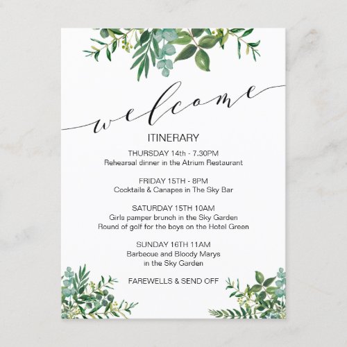 Elegant Greenery Weekend Itinerary Welcome  Enclosure Card