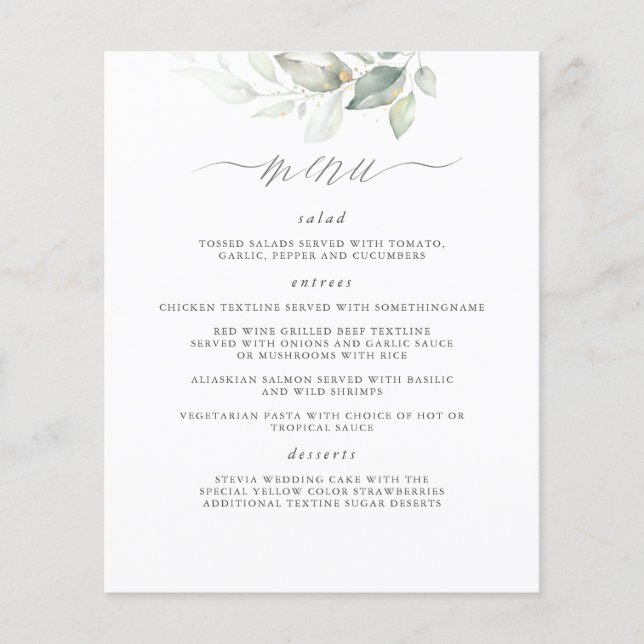 Elegant Greenery White Clean Wedding Menu Flyer (Front)