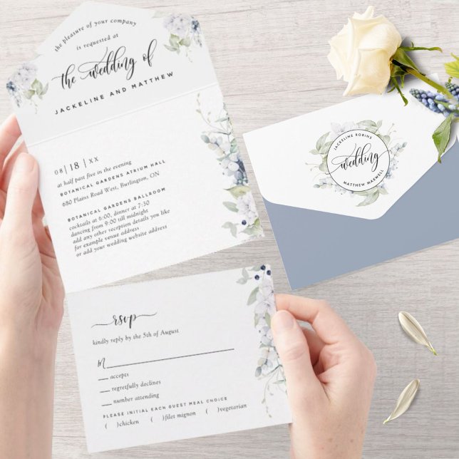 Elegant Greenery, White Dusty Blue Floral Wedding All In One Invitation (Creator Uploaded)
