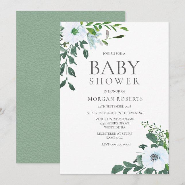 Elegant Greenery White Floral Baby Shower Invite (Front/Back)