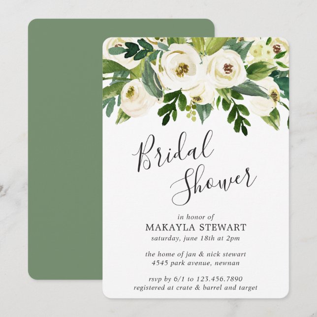 Elegant Greenery White Floral Bridal Shower Invitation (Front/Back)