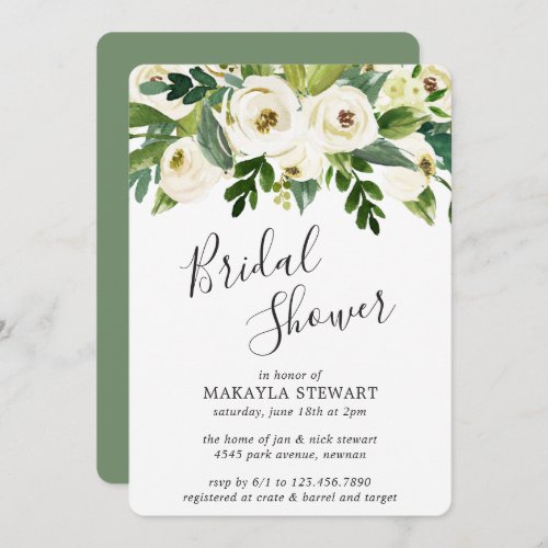 Elegant Greenery White Floral Bridal Shower Invitation