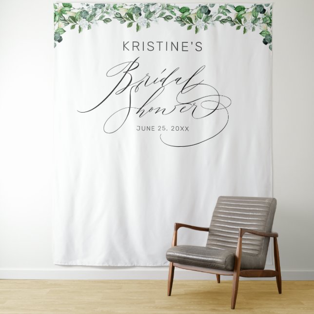 Elegant Greenery White Floral Bridal Shower Tapestry (In Situ)