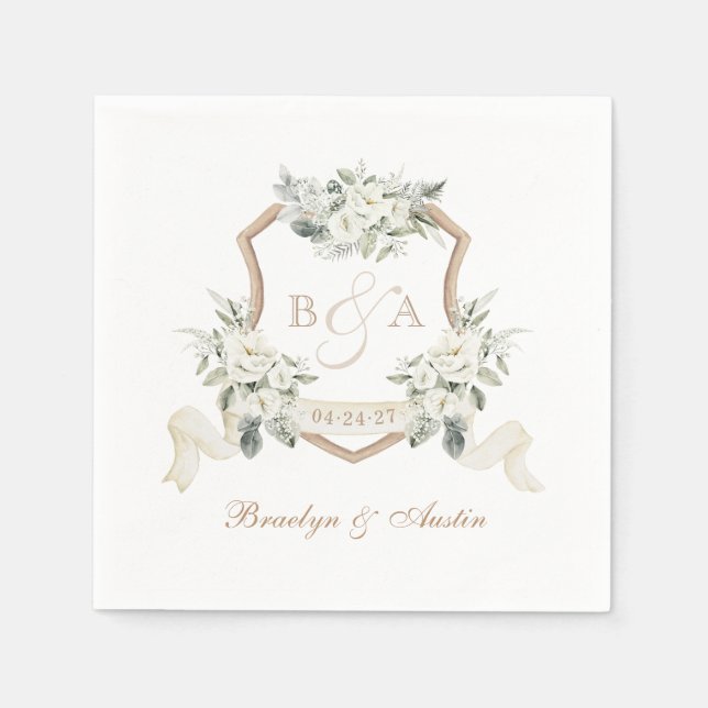 Elegant Greenery White Floral Crest Wedding Napkins (Front)