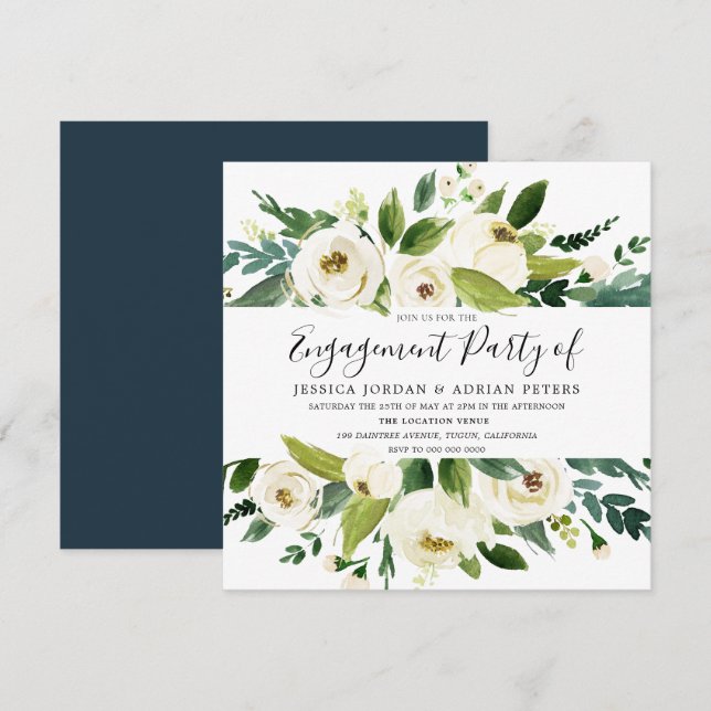 Elegant Greenery White Floral Engagement Party Invitation (Front/Back)