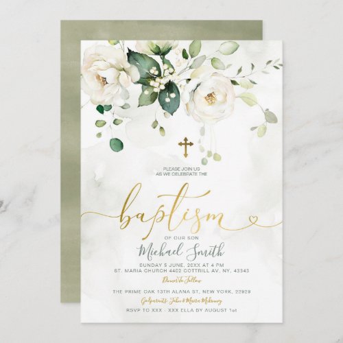 Elegant Greenery White Floral Gold Cross Baptism Invitation