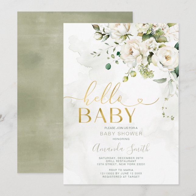 Elegant Greenery White Floral Gold Hello Baby Invitation (Front/Back)