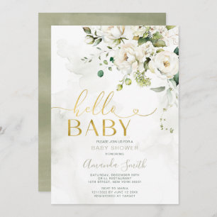 Elegant Greenery White Floral Gold Hello Baby Invitation
