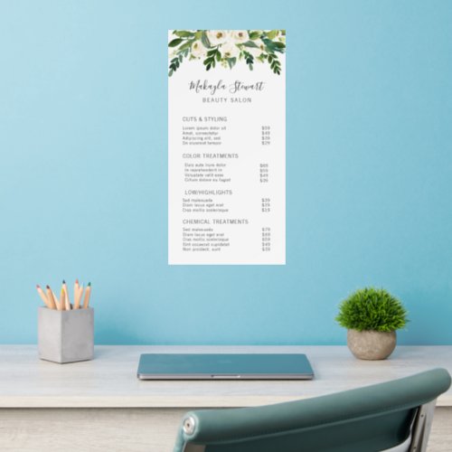 Elegant Greenery White Floral Salon Price List Wall Decal