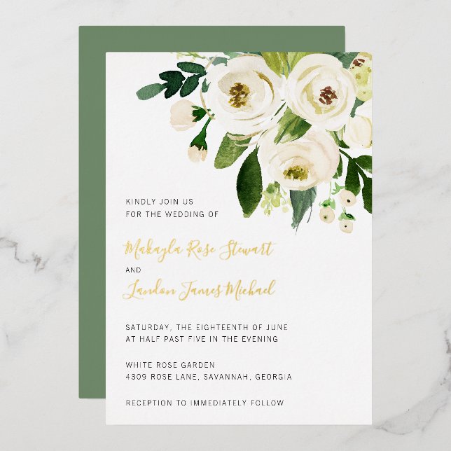 Elegant Greenery White Floral Wedding Gold Foil Invitation (Front/Back)