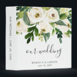 Elegant Greenery White Floral Wedding Photo Album 3 Ring Binder<br><div class="desc">Elegant floral wedding album featuring a top border comprised of hand painted watercolor white roses and greenery and the title "our wedding" in a lovely handwritten script along with your names and wedding date. The spine has a template for any custom text you would like. Use this custom binder as...</div>
