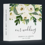 Elegant Greenery White Floral Wedding Photo Album 3 Ring Binder<br><div class="desc">Elegant floral wedding album featuring a top border comprised of hand painted watercolor white roses and greenery and the title "our wedding" in a lovely handwritten script along with your names and wedding date. The spine has a template for any custom text you would like. Use this custom binder as...</div>