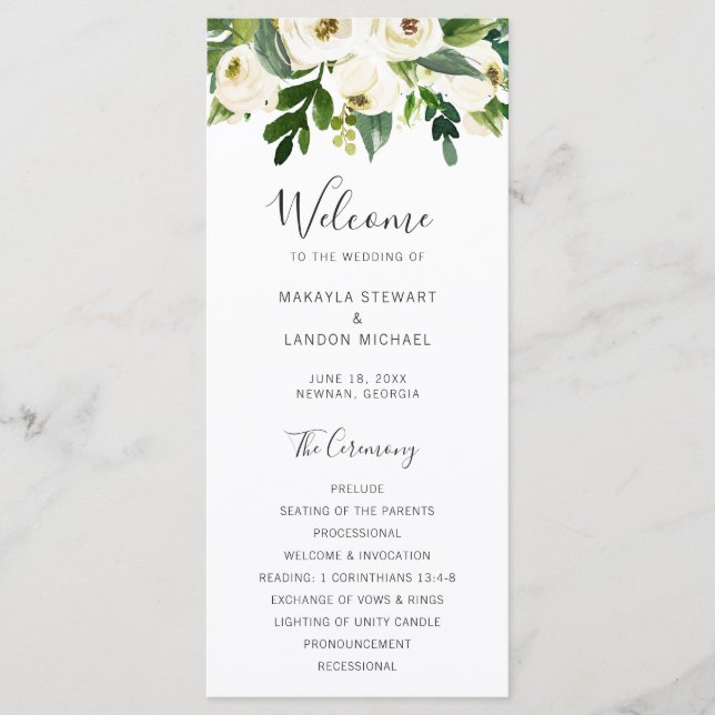 Elegant Greenery White Floral Wedding Program (Front)